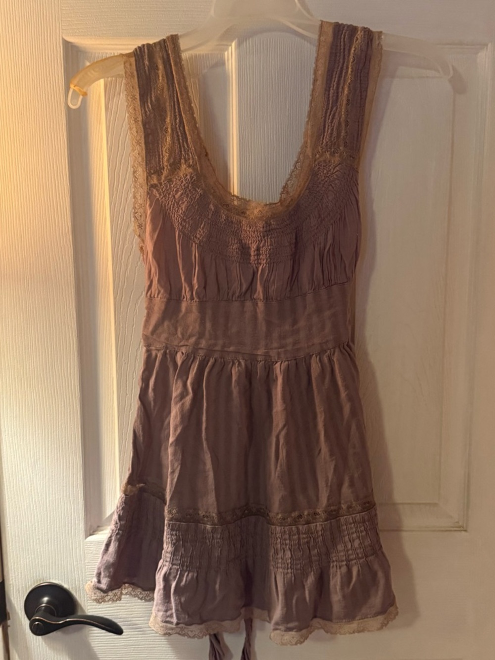 Free People Taupe Lace Trim Sleeveless Tunic with waist tie
